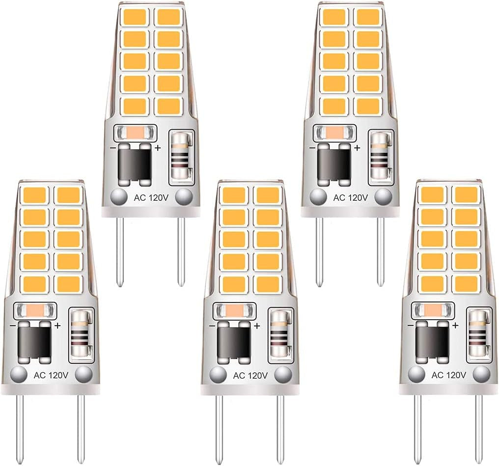 5 Pack G8 LED Bulb Soft White 2700K 120V 3W Equivalent to G8 Halogen Bulb 35W T4 JCD Type GY8.6 Bi-Pin Base, Non-Dimmable for under Cabinet Light, under Counter Kitchen Lighting