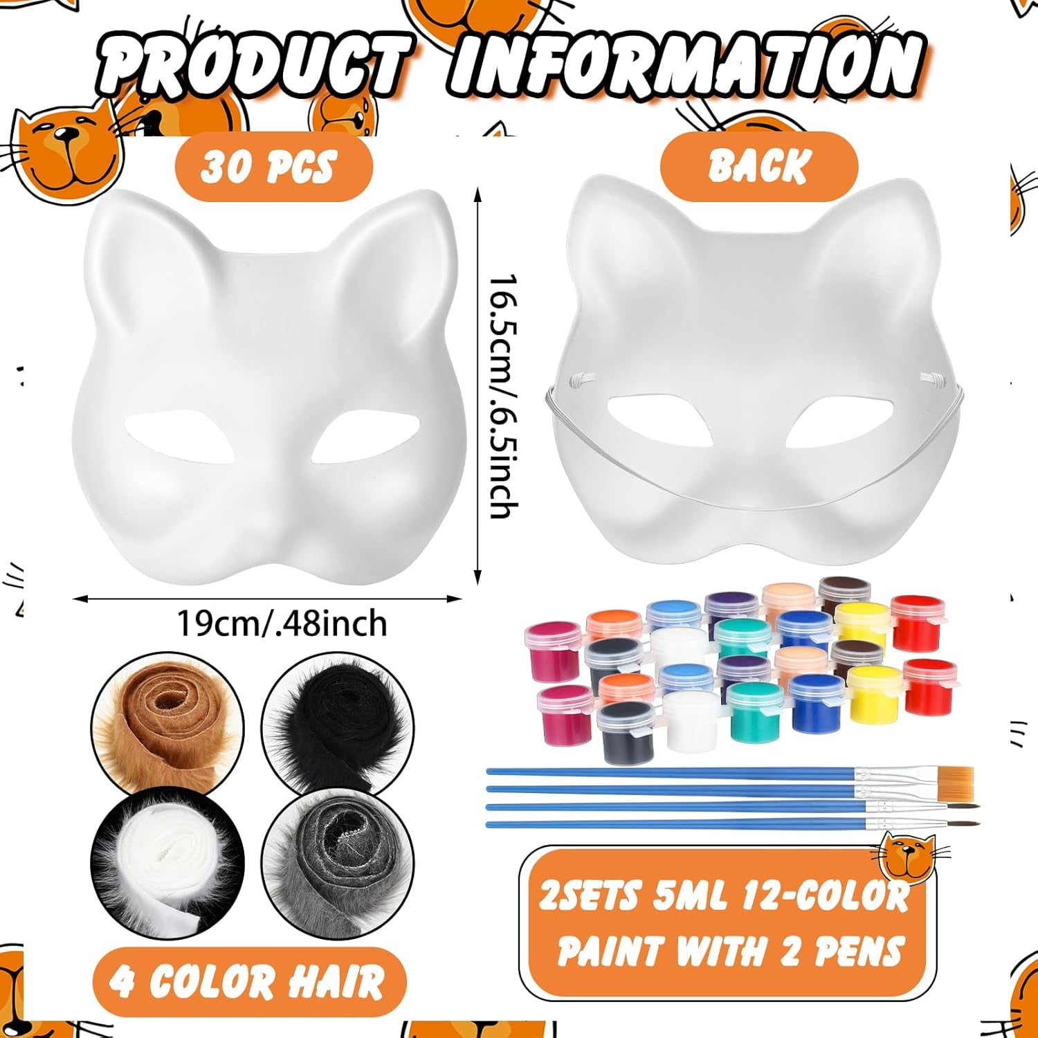 36 Pcs DIY Therian Mask Kit Bulk 30 Blank Animal Mask with Faux Fur Eye Mesh for Christmas Gear Therian