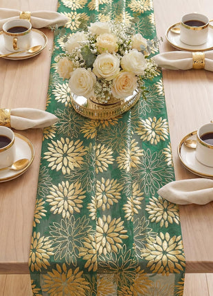 Green Gold Dahlia Flower Gauze Table Runner 120 Inch 10FT, Glitter Metallic Foil Seasonal Sheer Dining Holiday Table Decor for Home Party