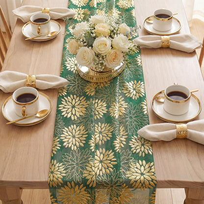 Green Gold Dahlia Flower Gauze Table Runner 120 Inch 10FT, Glitter Metallic Foil Seasonal Sheer Dining Holiday Table Decor for Home Party