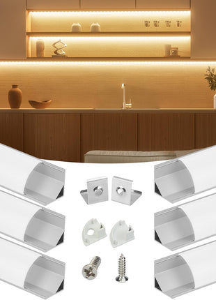 6Pack 3.3FT/1M V Shape LED Channel Silver Aluminum LED Strip Diffuser Channel with Milky White Cover Frosted Corner Lighting Easy Installation V1SW WW 1M