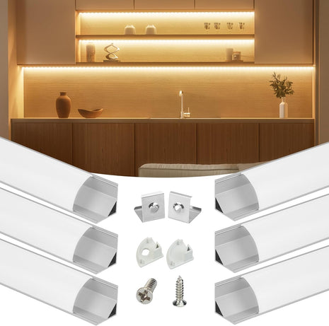 6Pack 3.3FT/1M V Shape LED Channel Silver Aluminum LED Strip Diffuser Channel with Milky White Cover Frosted Corner Lighting Easy Installation V1SW WW 1M