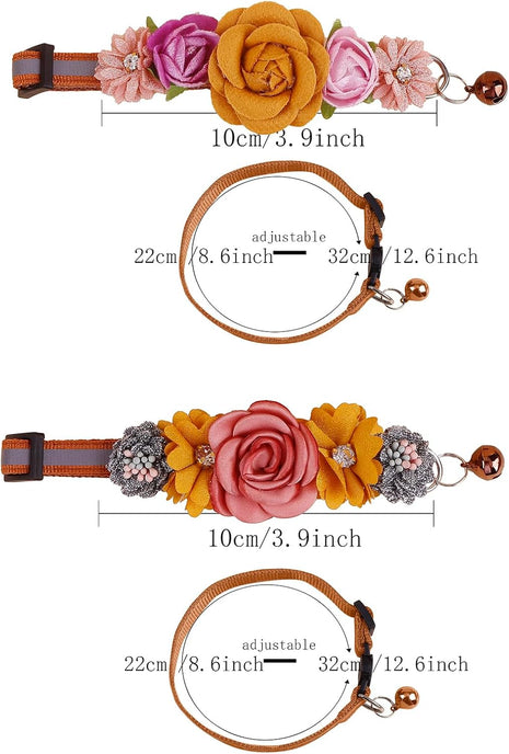 2 Pack Cat Collar Pink Floral with Bell and Removable Flower Bowtie Breakaway Adjustable Cat Collar for Girl Kitten Puppy Small Cats Dogs Daily Decoration (XQ10-4)