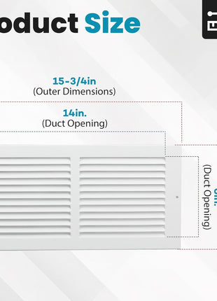 Return Air Grille,Fits 14X6 Duct Opening,Steel Return Vent Cover, White Vent Cover Grill for Sidewall and Ceiling,Havc Cold Air Return Vent Cover,Overall Size:15.8"W X 7.9"H