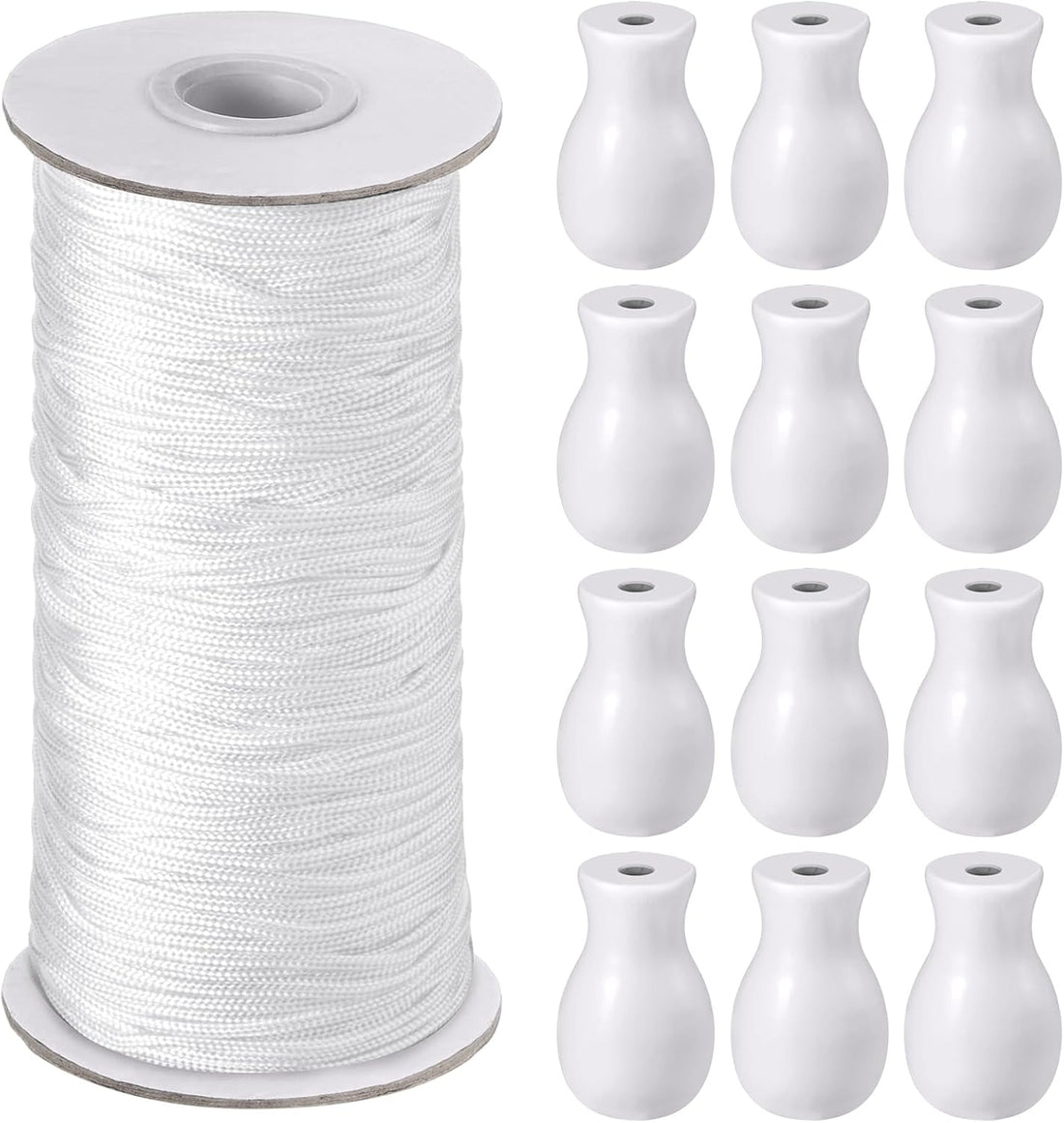 110 Yards Blind Cord 1.8 Mm Braided Lift Shade Curtain String and 12 Pieces Wood Blind Pull Cord Knobs for Roman Shade Kit, Curtain Craft(White)
