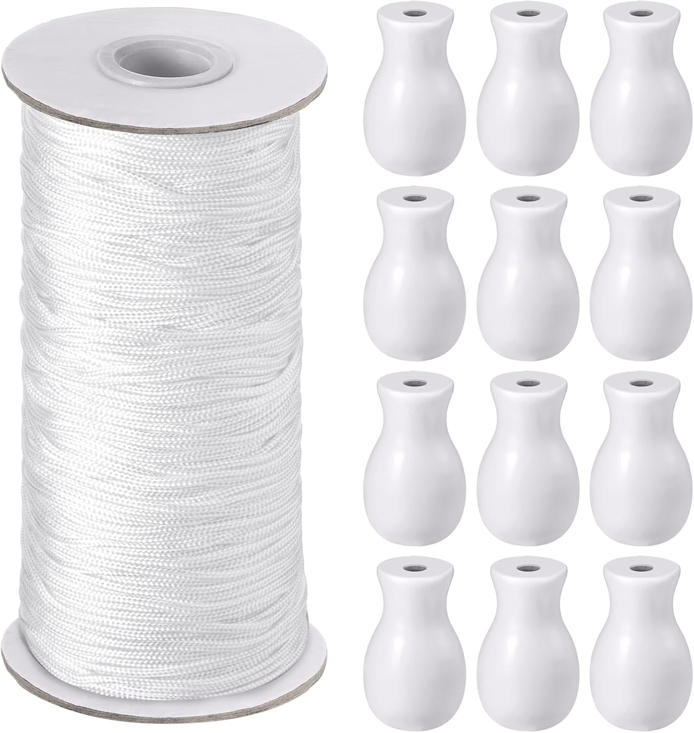 110 Yards Blind Cord 1.8 Mm Braided Lift Shade Curtain String and 12 Pieces Wood Blind Pull Cord Knobs for Roman Shade Kit, Curtain Craft(White)