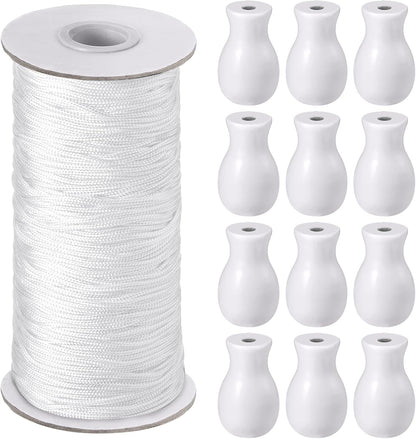 110 Yards Blind Cord 1.8 Mm Braided Lift Shade Curtain String and 12 Pieces Wood Blind Pull Cord Knobs for Roman Shade Kit, Curtain Craft(White)