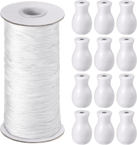 110 Yards Blind Cord 1.8 Mm Braided Lift Shade Curtain String and 12 Pieces Wood Blind Pull Cord Knobs for Roman Shade Kit, Curtain Craft(White)