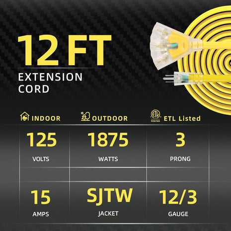 12FT 12 Gauge Heavy Duty Outdoor Extension Cord Waterproof with 3 Outlets Splitter & Lighted End, SJTW 15A 1875W 3 Prong Weatherproof Electric Cable Multi-Plug 3 Way Power Cord, ETL Listed for Outside
