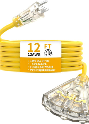 12FT 12 Gauge Heavy Duty Outdoor Extension Cord Waterproof with 3 Outlets Splitter & Lighted End, SJTW 15A 1875W 3 Prong Weatherproof Electric Cable Multi-Plug 3 Way Power Cord, ETL Listed for Outside