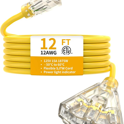 12FT 12 Gauge Heavy Duty Outdoor Extension Cord Waterproof with 3 Outlets Splitter & Lighted End, SJTW 15A 1875W 3 Prong Weatherproof Electric Cable Multi-Plug 3 Way Power Cord, ETL Listed for Outside