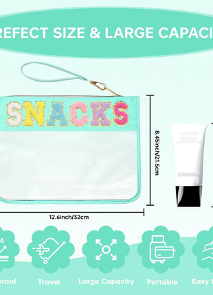 Chenille Letter Clear Zipper Pouch for Travel Preppy Patch Makeup Bag-Nylon Cosmetic Preppy Makeup Waterproof Organizer Bag Set for Women Valentines Bag (LS-SNACKS)