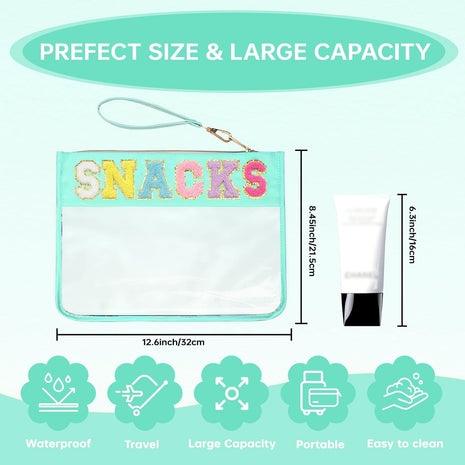 Chenille Letter Clear Zipper Pouch for Travel Preppy Patch Makeup Bag-Nylon Cosmetic Preppy Makeup Waterproof Organizer Bag Set for Women Valentines Bag (LS-SNACKS)