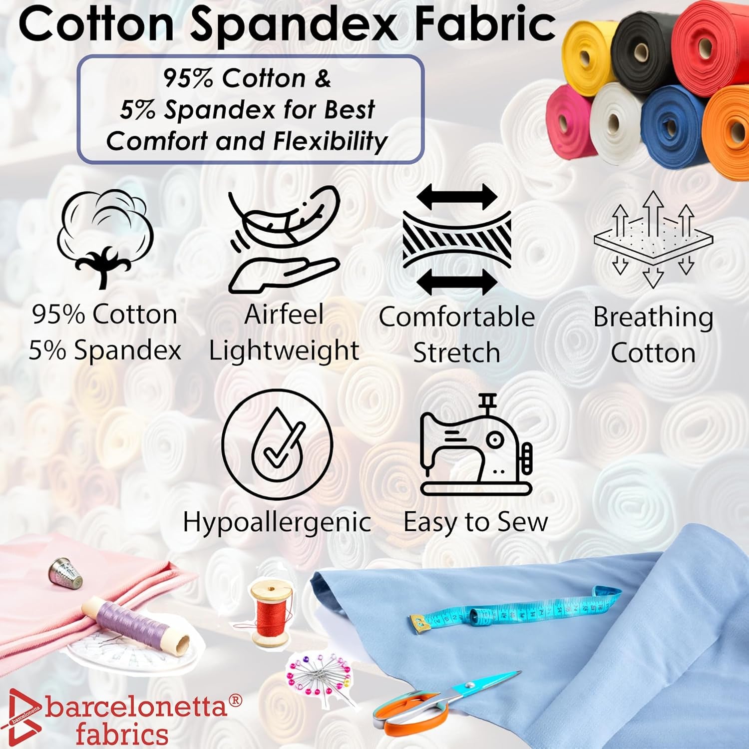 | Cotton Spandex Fabric | by the Yard | Stretchy, Breathable, Lightweight Cotton Fabric | 60" Wide Roll | Sewing | 95% Cotton, 5% Spandex (Black, 2 Yard)