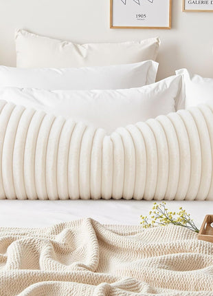 Summer Cozy Faux Fur Throw Pillow Covers 14X36 Pack of 1 Decorative Soft Plush Striped Lumbar Modern Farmhouse Boho Couch Pillow Cases with Velvet Back for Sofa Bed Living Room, Cream White