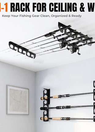 Fishing Rod Racks Wall or Ceiling Fishing Rod/Pole Rack Holder Storage Hook Holds Fishing Rods Wall Mounted for Garage Cabin and Basement