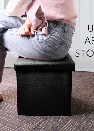 Storage Ottoman, Foldable Foot Rest Stool, 13X12X12 Inches Small Leather Bench with Storage, Holds up to 260 Lb, for Living Room, Bedroom, Dorm, Black
