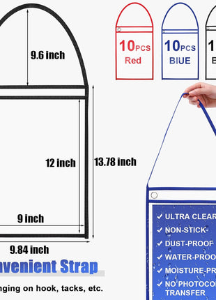 30 Pack Shop Ticket Holders for 9 X 12 Inches Hanging Sleeve Job Ticket Holders with Strap, Both Sides Clear, Black, Red, Blue