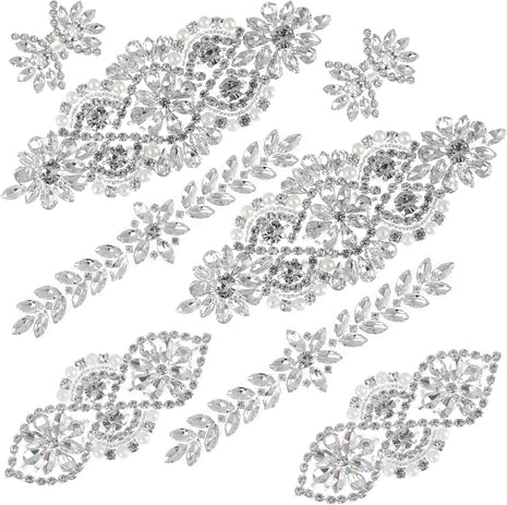 8 Pieces Crystal Rhinestone Appliques Silver Rhinestone Iron on Patch Hot Fix Applique for Bridal Wedding Dress Clothes Sash Crystal Belt DIY Sewing Appliques for Shoes