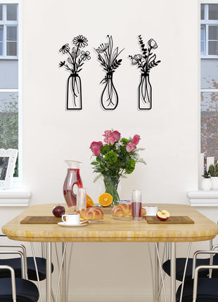 3 Pieces Metal Flowers Wall Arts - Rustic Farmhouse Decor Black Minimalist Flower Wall Decors for Living Room Bathroom Bedroom Dining Room - Housewarming Gifts(Black, Vase-C)