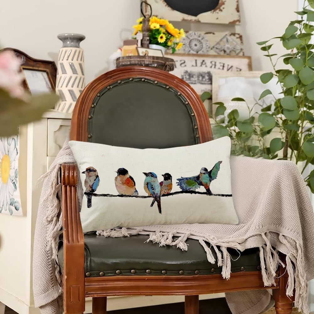 12X20 Lumbar Pillow Decorative Throw Pillows,Small Hand-Painted Outdoor Birds Pillowcases,Spring Summer Pillows Decorative Throw Cushion Covers Linen for Couch Sofa Teal Blue