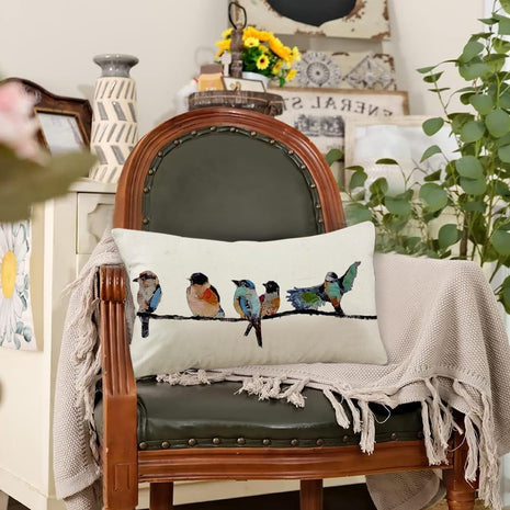 12X20 Lumbar Pillow Decorative Throw Pillows,Small Hand-Painted Outdoor Birds Pillowcases,Spring Summer Pillows Decorative Throw Cushion Covers Linen for Couch Sofa Teal Blue