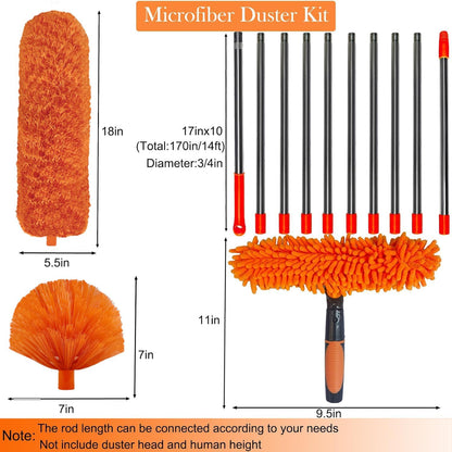 20+ Feet High Reach Dusting Kit with 3-14 Ft Extension Pole //2 in 1 Window Cleaning Kit // High Ceiling Duster // Cobweb Microfiber Duster // Outdoor &amp; Indoor Extendable Duster Cleaning Kit