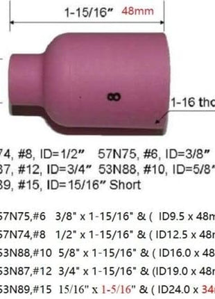 TIG Gas Lens Alumina Nozzle Ceramic Cup Jumbo Large Diameter 53N87 12# 3/4" 53N88 5/8" #10 53N89 15/16" #15 57N74 1/2" #8 57N75 3/8" #6 for SR WP 9 17 18 20 25 26 TIG Welding Torch 10Pcs