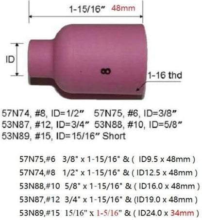 TIG Gas Lens Alumina Nozzle Ceramic Cup Jumbo Large Diameter 53N87 12