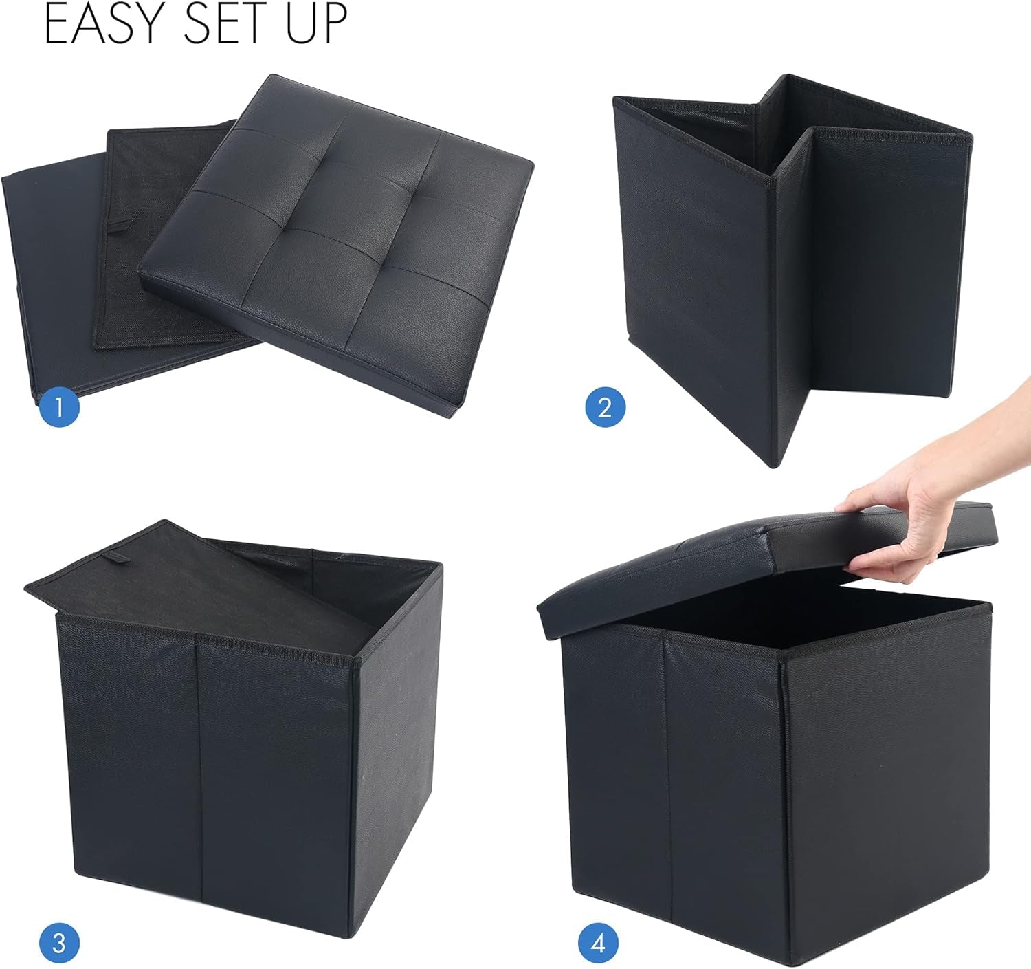 Storage Ottoman, Foldable Foot Rest Stool, 13X12X12 Inches Small Leather Bench with Storage, Holds up to 260 Lb, for Living Room, Bedroom, Dorm, Black