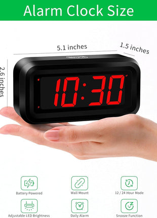 Alarm Clock, LED Digital Clock, Small Wall Clock, Battery Operated, Adjustable 3-Level Led Brightness, Dim Night Mode, 12/24Hr, Cordless, Constantly 1.2'' Digits Display for Bedroom/Travel,Easy to Set