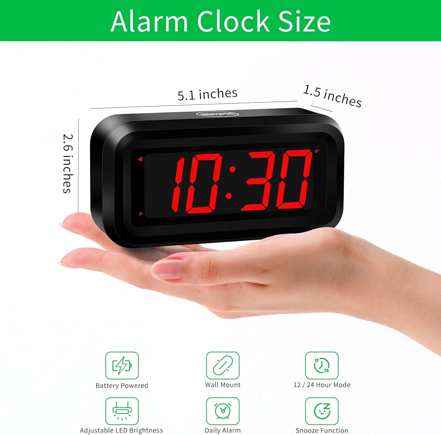 Alarm Clock, LED Digital Clock, Small Wall Clock, Battery Operated, Adjustable 3-Level Led Brightness, Dim Night Mode, 12/24Hr, Cordless, Constantly 1.2&