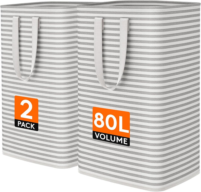 2 Pack Laundry Basket 80L Each, Collapsible Clothes Hamper with Reinforced Handles, Freestanding Waterproof Design for Bedroom and Laundry Room, Grey 160L Total