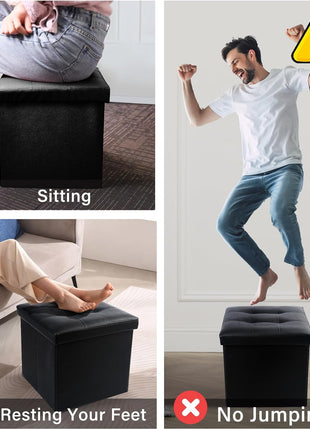 Storage Ottoman, Foldable Foot Rest Stool, 13X12X12 Inches Small Leather Bench with Storage, Holds up to 260 Lb, for Living Room, Bedroom, Dorm, Black