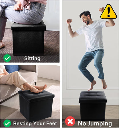 Storage Ottoman, Foldable Foot Rest Stool, 13X12X12 Inches Small Leather Bench with Storage, Holds up to 260 Lb, for Living Room, Bedroom, Dorm, Black