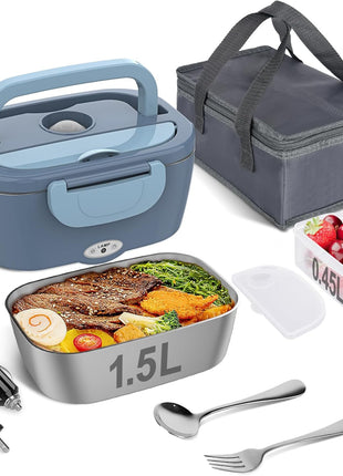 Electric Lunch Box Food Heater, Electric Heating Lunch Boxes Lunch for Adults/Men/Truck/Car/Work, 80W 1.5L Removable 304 Stainless Steel Container, 110V/12V/24V, with Fork & Spoon