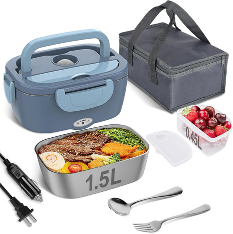 Electric Lunch Box Food Heater, Electric Heating Lunch Boxes Lunch for Adults/Men/Truck/Car/Work, 80W 1.5L Removable 304 Stainless Steel Container, 110V/12V/24V, with Fork & Spoon