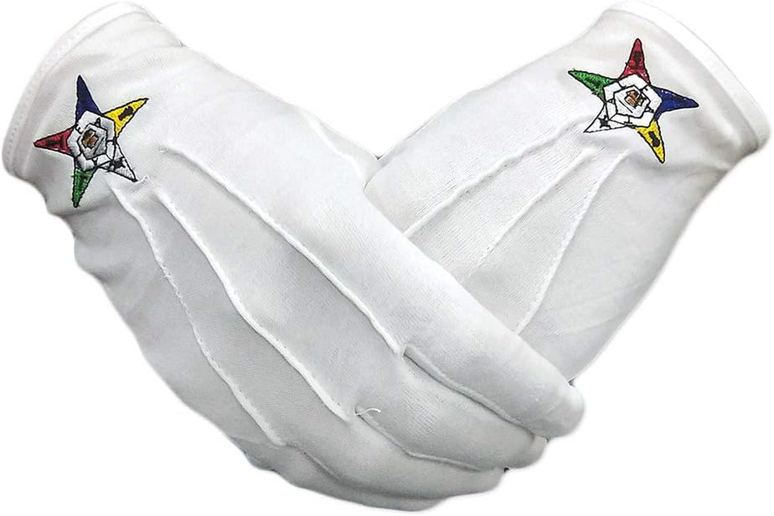 Order of the Eastern Star Hand Embroidered Cotton White Masonic Gloves