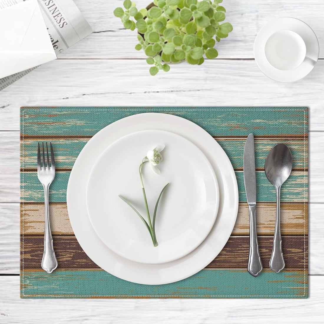 Farmhouse Placemats Set of 4, 12X18 Inch Vintage Green and Brown Art Painting Table Mats for Outdoor Home Party Kitchen Dining Decoration
