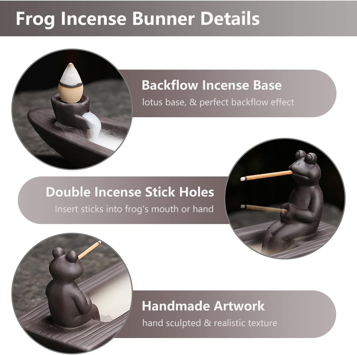 Frog Incense Holder Waterfall - Ceramic Cone Backflow Incense Burner Smoke Fountain, Back Flowing Incense Diffuser with 45 Sticks &amp; 12 Cones, Frog Ornament for Aromatherapy/Yoga/Home Decor