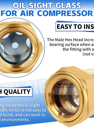 3/4 NPT Air Compressor Oil Sight Glass, Male Hex Head Compresssor Oil Sight Glass, Heavy Duty Solid Brass Oil Sight Glass Liquid Level Gauge Oil Indicator Window for Air Compressor Gearbox Tank