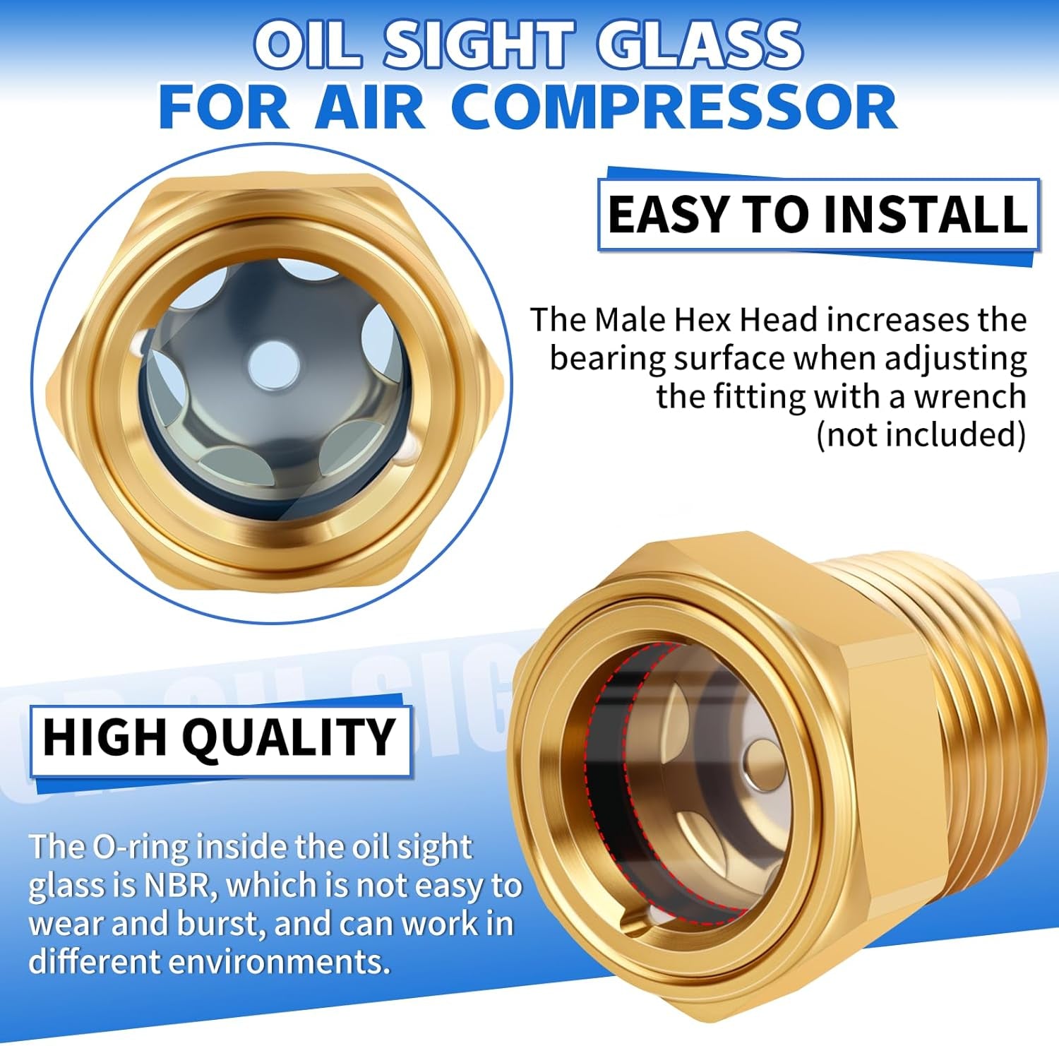 3/4 NPT Air Compressor Oil Sight Glass, Male Hex Head Compresssor Oil Sight Glass, Heavy Duty Solid Brass Oil Sight Glass Liquid Level Gauge Oil Indicator Window for Air Compressor Gearbox Tank
