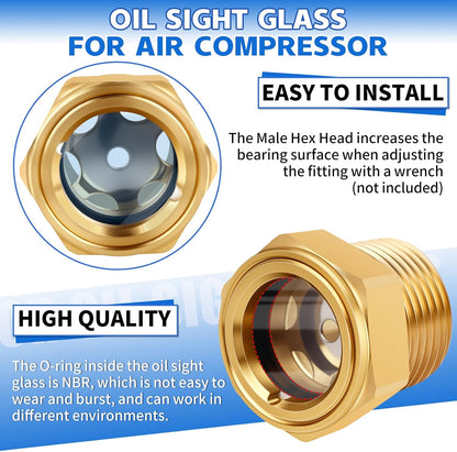 3/4 NPT Air Compressor Oil Sight Glass, Male Hex Head Compresssor Oil Sight Glass, Heavy Duty Solid Brass Oil Sight Glass Liquid Level Gauge Oil Indicator Window for Air Compressor Gearbox Tank