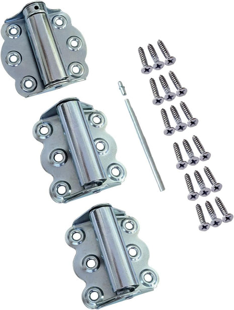 Door Spring Hinges, 2-3/4", Set of 2 Self Closing and 1 Adjustable Self Closing Hinge, Zinc Plated, 1 Set, Made in Taiwan
