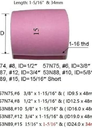 TIG Gas Lens Alumina Nozzle Ceramic Cup Jumbo Large Diameter 53N87 12# 3/4" 53N88 5/8" #10 53N89 15/16" #15 57N74 1/2" #8 57N75 3/8" #6 for SR WP 9 17 18 20 25 26 TIG Welding Torch 10Pcs