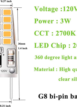 5 Pack G8 LED Bulb Soft White 2700K 120V 3W Equivalent to G8 Halogen Bulb 35W T4 JCD Type GY8.6 Bi-Pin Base, Non-Dimmable for under Cabinet Light, under Counter Kitchen Lighting