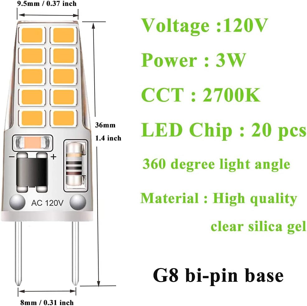 5 Pack G8 LED Bulb Soft White 2700K 120V 3W Equivalent to G8 Halogen Bulb 35W T4 JCD Type GY8.6 Bi-Pin Base, Non-Dimmable for under Cabinet Light, under Counter Kitchen Lighting