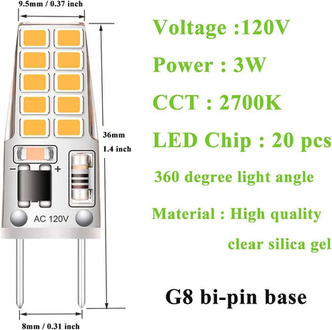 5 Pack G8 LED Bulb Soft White 2700K 120V 3W Equivalent to G8 Halogen Bulb 35W T4 JCD Type GY8.6 Bi-Pin Base, Non-Dimmable for under Cabinet Light, under Counter Kitchen Lighting