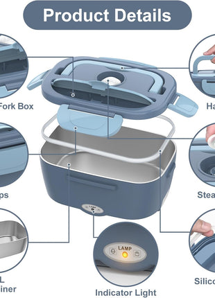 Electric Lunch Box Food Heater, Electric Heating Lunch Boxes Lunch for Adults/Men/Truck/Car/Work, 80W 1.5L Removable 304 Stainless Steel Container, 110V/12V/24V, with Fork & Spoon