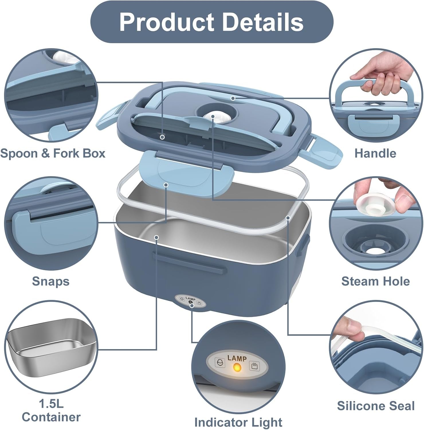 Electric Lunch Box Food Heater, Electric Heating Lunch Boxes Lunch for Adults/Men/Truck/Car/Work, 80W 1.5L Removable 304 Stainless Steel Container, 110V/12V/24V, with Fork &amp; Spoon